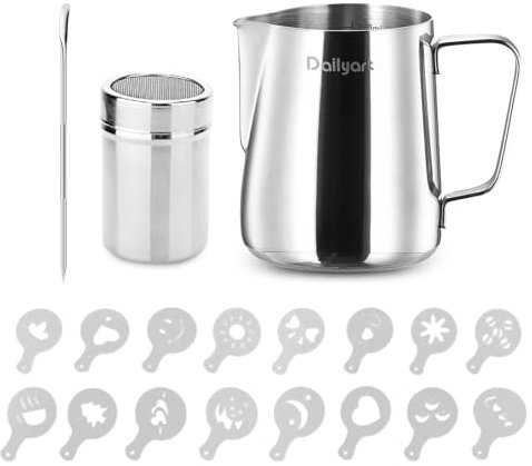 Dailyart Milk Frothing Jug, 12oz/350ml Food Grade 304 Stainless Steel Coffee Milk Jug, Milk Jug with Latte Decorating Art Pen, Barista Accessories Milk Pitcher for Making Latte Coffee Art, Black