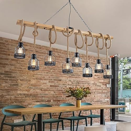 Suspension Luminaire Suspension Vintage Lampe De Table À Manger En Bois Rétro Avec Poutres En Bois Suspension Industrielle Réglable En Hauteur Pour Salle À Manger Cuisine Bar Restaurant( Sans Ampoule)