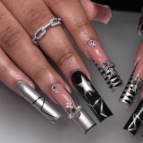 24pcs Long Coffin False Nails French Tip, Silver Black Star Stick on Nails Rhinestone Cross Ballerina Press on Nails Removable Glue-on Full Cover Fake Nails Women Girls Nail Art Accessories