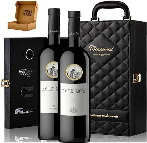 Estuche de Vino Elegante para REGALO con dos botellas de Vino y Set de 4 Accesorios (Ribera, Emilio Moro)