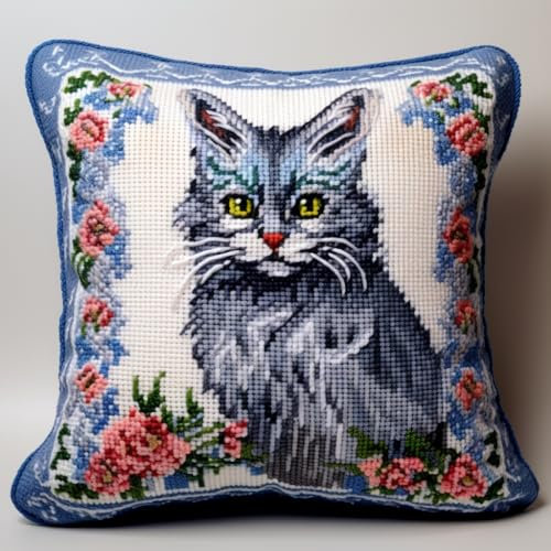 Taxpy DIY knüpfen set erwachsene kissen Knüpfkissen-Set mit Katzen und Blumen, DIY-Kissenbezugherstellung, Basteln, bedruckte Leinwand für Anfänger 17x17in A