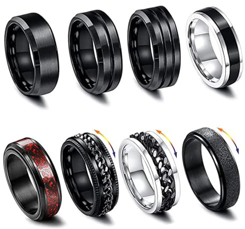 Hernin 8 Stück Edelstahl Fidget Ring Spinner Ring, Männer Edelstahl Spinner Ringe, Rostfreier Stahl Spinnerringe Set für Männer Frauen, Coole Schwarze Ringe Set (60(9)