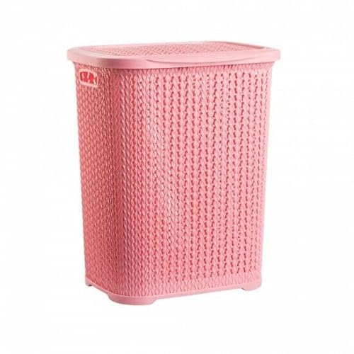 Plastic Laundry Basket Clothes Washing Bin Storage Knitted Hamper Organiser (Pink, Tall)
