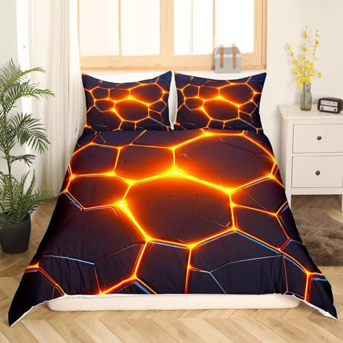 Homewish Jungen Honigwaben Bettwäsche Set 135x200 Schwarz und Gold Honigwaben Bettbezug, Mädchen Kinder Bienenstock Geometrische Tröster Bezug Geometrische Hexagon Bettwäsche Neon Lichter Bettwäsche