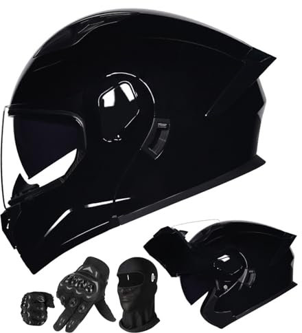 Motorcycle Helmet,Full Face Flip Up Motorradhelm ECE-geprüft,Integrierter Helm mit Doppelvisier für Erwachsene Männer Frauen Mit Visier und Handschuhe K,M(55-56CM)