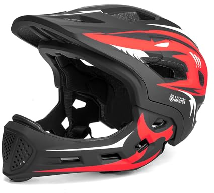 OutdoorMaster Kids Full Face Helmet - Adjustable Toddler Bike Helmet with Detachable Chin Pad - Suitable for Mountain & Road Cycling - Red, XS