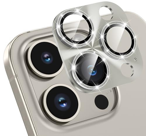 HWeggo for iPhone 15 Pro/iPhone 15 Pro Max Camera Lens Protector Glitter Decoration Strong Adsorption Drop Protection 9H Tempered Glass Camera Cover Anti-Scratch Easy to Install high hardness-Titanium