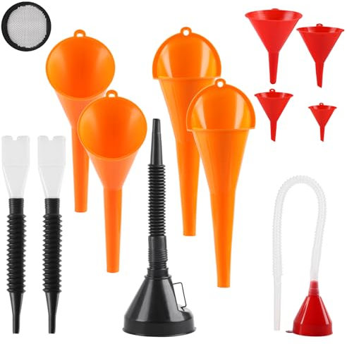 12 Pcs Flexible Plastic Funnel Set - Petrol & Fuel Funnels for Car, Motorcycle & Kitchen - 5 Sizes