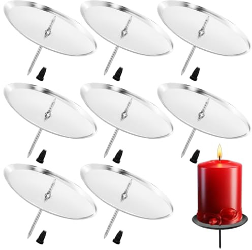 Set di 8 portacandele a forma di corona dell'Avvento, con diametro di 6 cm, per candele a pilastro, in metallo con spina, perfetto per decorazioni natalizie fai da te e composizioni (argento)