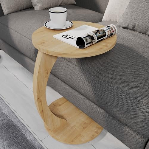 sugodesign Beistelltisch mit Rollen, Kleiner Couchtisch C Form, stylischer Sofatisch in schöner Eiche-Optik, runder Tisch als Ablagefläche für Couch und Sofa, Beistelltisch Couch