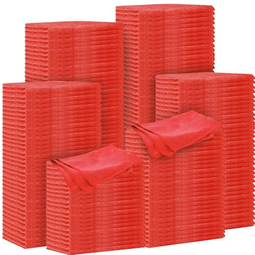 Preboun 300 Pack 12 x 16 Inch Microfiber Cleaning Cloth Bulk Multipurpose Reusable Washable Cleaning Rags Absorbent Cleaning Towels for House, Kitchen, Car, Office, Window(Red)