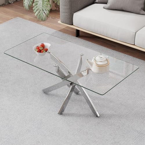 GOLDFAN Couchtisch, Wohnzimmertisch aus Glas, TV Tische, Kaffetisch, Sofatisch im Industriestil für Wohnzimmer, Schlafzimmer, Büro, 100x50x43cm Silber