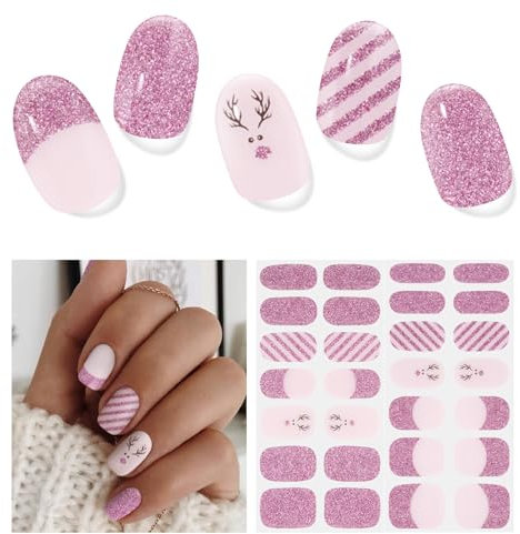 Semi Cured Santa Gel Nail Strips - 28 Pcs Christmas Wraps, Red Stickers for Nails, Works with Any UV Lamp