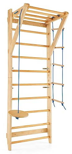 COSTWAY Spalliera Svedese in Legno per Adulti e Bambini con 13 Barre | Scala Svedese con Corda e Trapezio Rotondo per Fitness e Fisioterapia da Palestra e Casa, Portata 100 kg