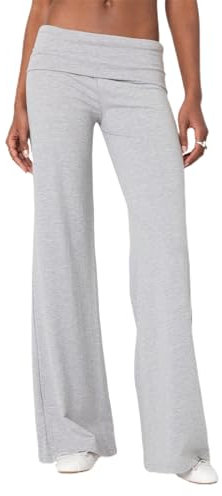 Owl's-Yard Damen Flare Skinny Pants Fold Over Leggings Stretch Bootcut Bell Bottom Slim Fit Yogahose Y2k Jogger für Frühling Sommer, grau, S