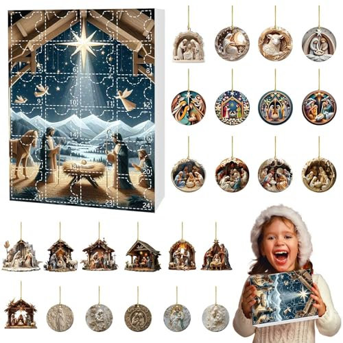 Calendario dell'avvento del presepe di Natale, 2024, calendario per conto alla rovescia di Natale con ciondoli della Vergine Maria e del neonato, decorazioni per albero di Natale, calendario