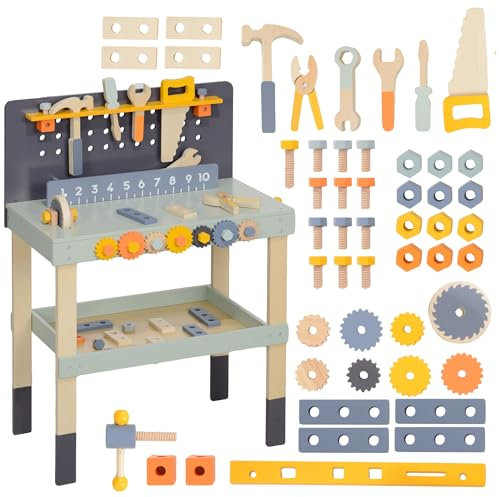 AIYAPLAY Kinder Werkbank mit Werkzeug und Zubehör, Werkzeugbank mit Schraubendreher und -schlüssel, Zange, Holzspielzeug, Kinderspielzeug, Spielzeug für Kinder 3-6 Jahre, 58 x 31 x 77,5 cm Hellblau