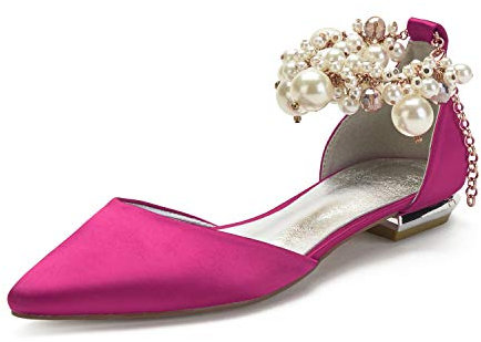 FADUNI Mädchen Frauen Kleid Flache Schuhe Perlen Brautschuhe Braut Hochzeits Flache Pumps,Rose,39 EU