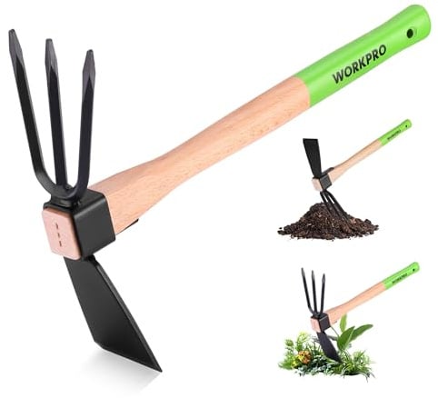 WORKPRO Zappa e Coltivatore 2-in-1, Rastrello da Giardino, Manico in Legno | da 36 cm, Lama Affilata e Denti a 3 Artigli, Attrezzo Pesante per Scavare, Smuovere il Terreno, Sarchiare e Coltivare
