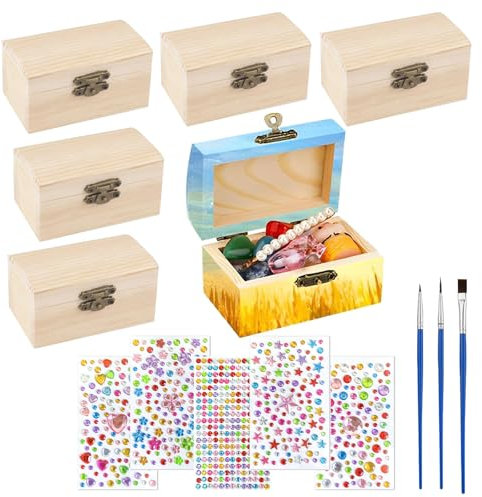 YUNXCNA Holzkiste Klein, 6 Stück Kleine hölzerne Schatztruhe, Rechteckige Holzkiste, Schatzkiste mit Deckel, mit 5 Diamantaufklebern und 3 Pinseln, für Bastelarbeiten, Geburtstagsfeiern und DIY