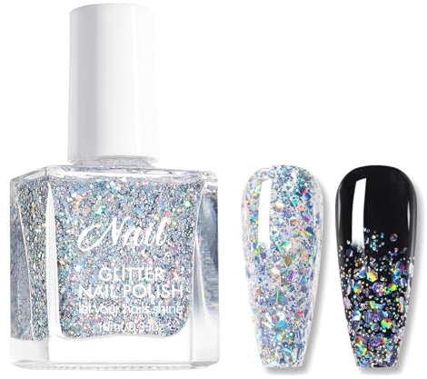 DMQ Glitter Nail Polish, Clear Nail Varnish with Glitter Sequins, Silver Shimmer Holographic Nail Polish Gel, Long Lasting Chip Resistant & Quick Drying Nail Gel for DIY Home Manicure - No Need Cure