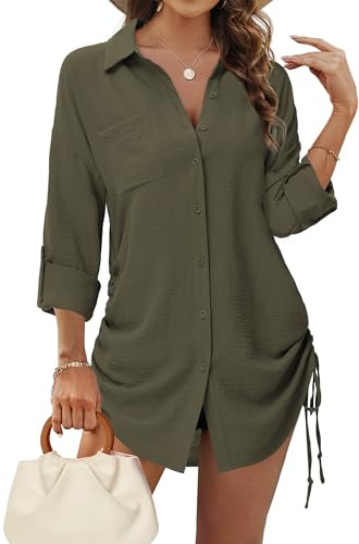 Tanmolo Bluse Damen Longbluse Langarm Hemdbluse Tunika | Kordelzug, Knopfleiste, Krempelärmel, Lässiges Longshirt, Ideal für Alltag, Urlaub und als Cover-up