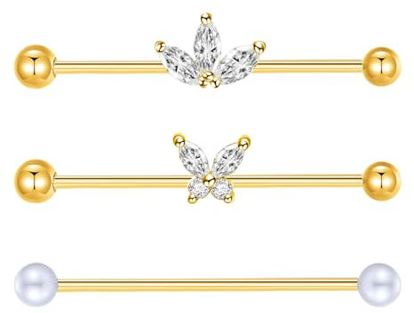 Besyvvin 3er Industrial Piercing Bars 38mm Chirurgenstahl Gold Ohr Scaffold Piercing Barbell Schmetterling 14G