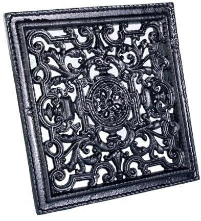 Gusseisen Lüftungsgitter 23 x 23 cm – Warmluftgitter für Kamin & Ofen – Antikes Vintage-Design – Rustikale Ventilationsabdeckung für Kachelöfen, Holzbacköfen & Kamine (Schwarz)