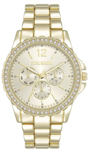 Steve Madden Orologio da donna con cinturino in vero cristallo, Champagne/Oro