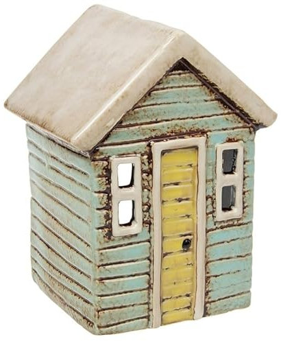 Lichthaus | Tealight Cottage | Candeliere | Portacandele | Ceramica (azzurro/beige, 13,8 x 10,5 x 9 cm)