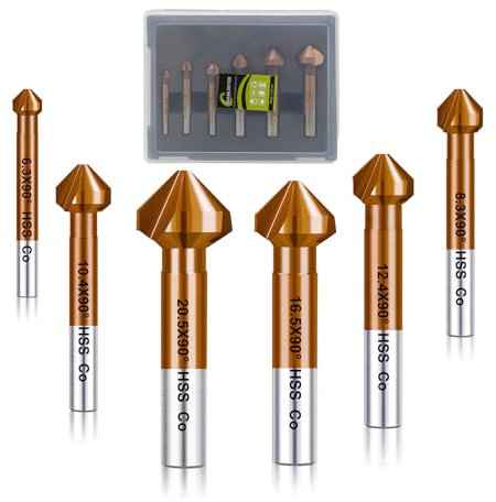 SANLEETEK Countersink Drill Bit Set, Cobalt-plated Countersink Chamfer Deburring Tools for Stainless Steel Iron Aluminum Copper Metal Wood 6pcs (6.3/8.3/10.4/12.4/16.5/20.5mm), Round Shank