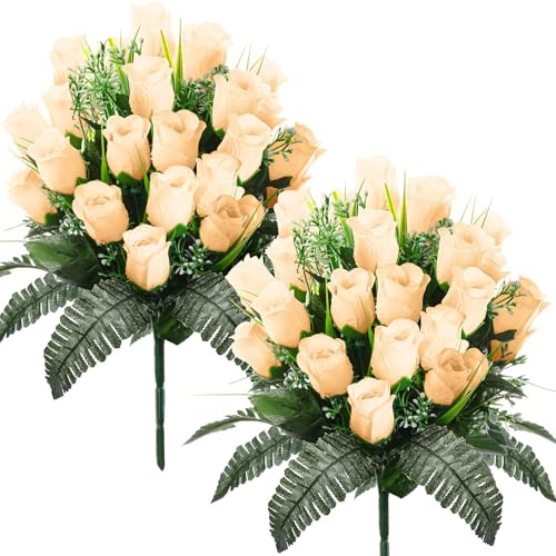 XunYee 2 Pack Fall Cemetery Flowers with Grave Vase, Champagne Gold