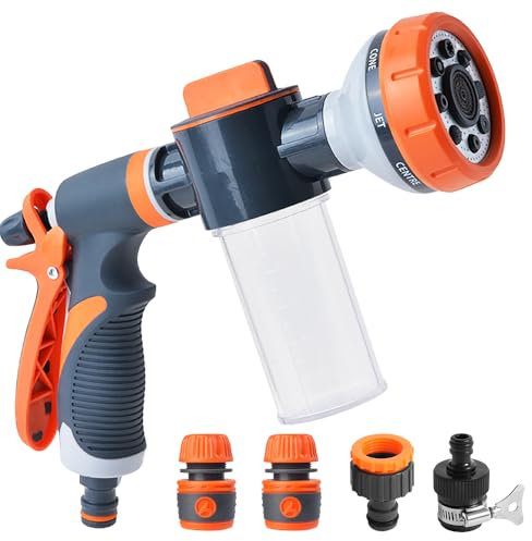 PLLYPE Pistola de Riego, Boquilla de Pistola de Manguera Jardín, 8 Modos Pulverizar Ajustable Pistola de Agua Con bote de espuma de 100 ml para el Riego de Plantas, Lavado de Coches y Mascotas