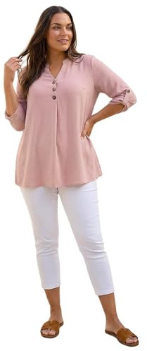 Roman Curve Textured Buttoned Tunic Top for Women UK - Ladies Everyday Holiday Spring Summer V-Neckline Comfy Soft Evening Vacation Work Party - Rose Plus - Size 18