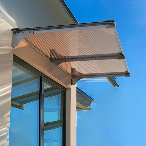 Geovne Auvent de Porte et Fenêtres,Marquise Solaire Abri,Auvent Marquise en Polycarbonate Marron,d'Entrée Résistante Toit Abri Contre la Pluie et UV,pour Jardin Extérieur (80x70cm/31 x28)