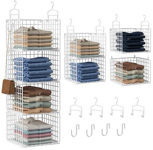 Orapoke Hanging Closet Organizer, 4 Tier Metal Closet Organizers and Storage with 4 Hanging Hooks 4 S-Hooks for Wardrobe Laundry Room, Wire Storage Shelf for Clothes Sweaters Pants (White)