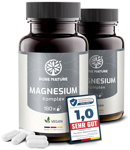 Pure Nature Magnesium Komplex hochdosiert | 400mg, 2 x 180 Kapseln | 7in1 Komplex mit Magnesiumbisglycinat, Citrat, Malat & Taurat | Clean Label | Vegane & Laborgeprüfte Supplements