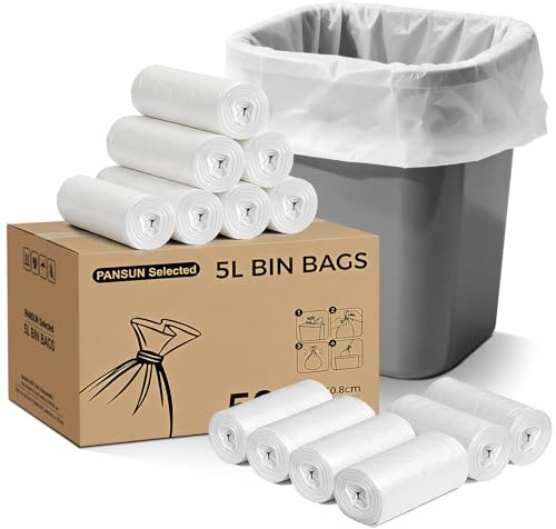 PANSUN Selected Small Bin Bags 5L, 500 Pack Pedal Bin Liners | Clear White Plastic Bin Bags,42cm*50cm ,Bulk Supply for Office, Hotel, Restaurant, School