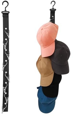 Henyall Hat Storage, Baseball Cap Storage, Cap Hanger, Hat Holder (Black) | Baseball Cap Holder Wall Hang, 8 Stainless Steel Clips and 1 Self Adhesive Hook for Baseball Hats,Sports Caps,Golf Caps,Ties