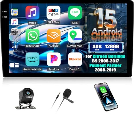 CAMECHO 4+128G 9 Pollice Android 15 Autoradio per Citroen Berlingo B9 2008-2017 Peugeot Partner 2008-2019 Radio con GPS Bluetooth WIFI Senza Fili Carplay Android Auto FM RDS +Telecamera Posteriore