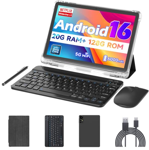 Android 16 Tablet 10 inch Tablets, 20GB RAM 128GB ROM 2TB Expandable, 2.0GHz Octa-core Processor, 2 in 1 Tablet with Keyboard Case Stylus Mouse, 5G WiFi6, BT 5.0, 6000mAh, Widevine L1, GMS, Black