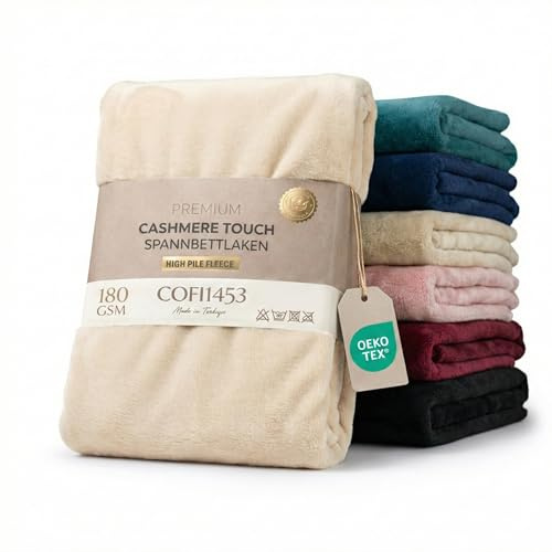 COFI1453 Teddy-Plüsch Spannbettlaken, Extra Dickes Winter Bettlaken (180 GSM), Edler Cashmere-Touch, rutschfest & Oeko-Tex, Für Boxspring & Topper (30-40cm Steg) (Beige, 200 x 200 cm + 40 cm)