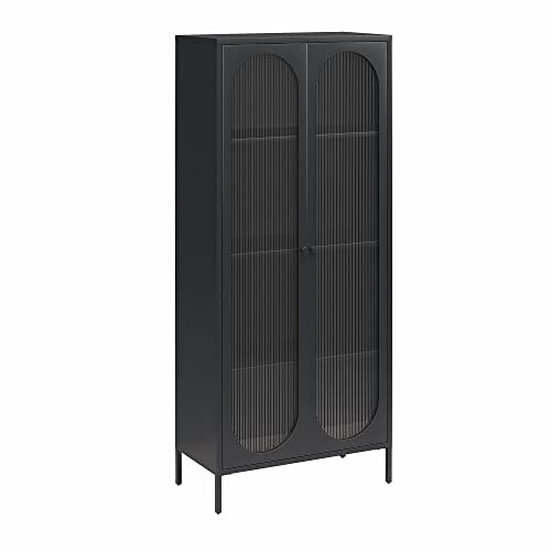 Luna Akzentschrank Schwarz, 80 x 40 x 186 cm, Vitrinenschrank mit 2 geriffelten Glastüren und 4 Regalböden, Metallschrank für Wohnzimmer, Esszimmer und Flur