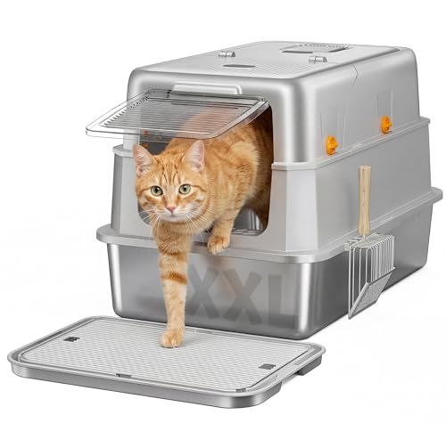 Klyvvo Bac à Litière pour 3 en 1 Chat en Acier Inoxydable, Maison de Toilette Chat avec Filtre à Charbon, Couvercle Rabattable 180°, Pelle Métal & Tapis, Anti-Fuites, Sans Odeur, Litière Inox Amovible