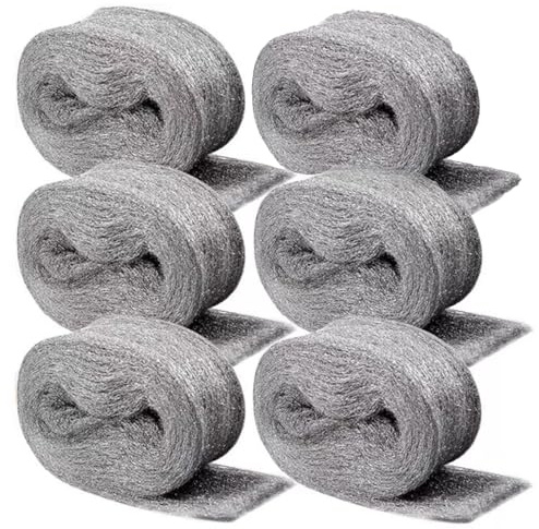 6 Roll 00000 Steel Wire Wool, Ultra Fine Steel Wool 0000 Coarse Wire Wool Gaps Blocker w Removing Paint, Varnish，Steel Wool for Rodent Control, Rust Removal and Metal Polishing