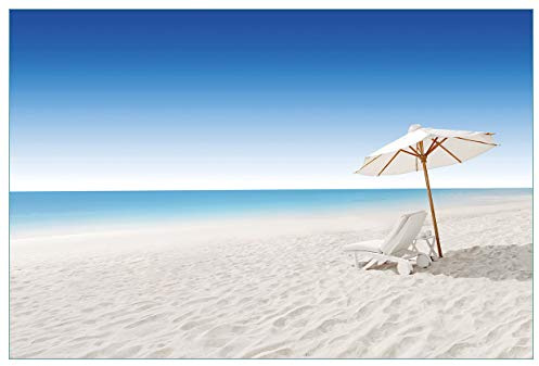 Wallario Küchenrückwand selbstklebend 90 x 60 cm, Motiv: Sonnenliege am weißen Strand unter blauem Himmel | Spritzschutz abwischbar & pflegeleicht