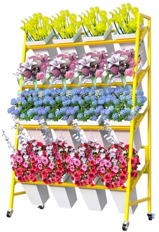 Lhysn Blumenständer, 4-stöckig, Metall-Pflanzenständer mit 16 Kunststoff-Blumeneimern, beweglicher, robuster Blumenwagen, Blumenregal für drinnen und draußen, Terrasse, Garten, Wohnzimmer, Florist