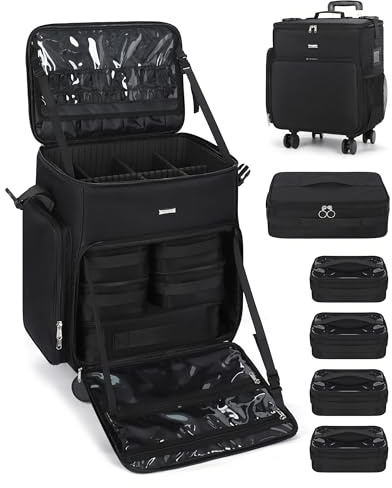 Relavel Professioneller Make-up-Trolley mit 5 abnehmbaren Taschen und integriertem Topcase, Salon-Trolley, Schminkkoffer für Frauen, große Beauty-Box mit Rollen, Schwarz , Klassisch