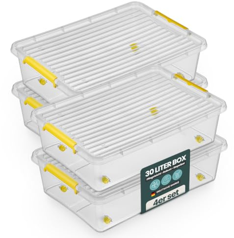 Kreher Aufbewahrungsbox mit Deckel transparent - stapelbare Kunststoffbox mit Rollen & Clips - robuste Ordnungsbox nestbar - Universalbox zur Aufbewahrung - 30L bis 145L XXL (4, 30 Liter)