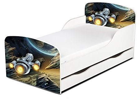Leomark Einzelbett aus Holz - Cosmos - Kinderbett mit Schubladen für Bettwäsche, Stauraum, Holzbett mit Matratze + Lattenrost, Komplett Set, Liegefläche 70/140 cm, UV-Druck